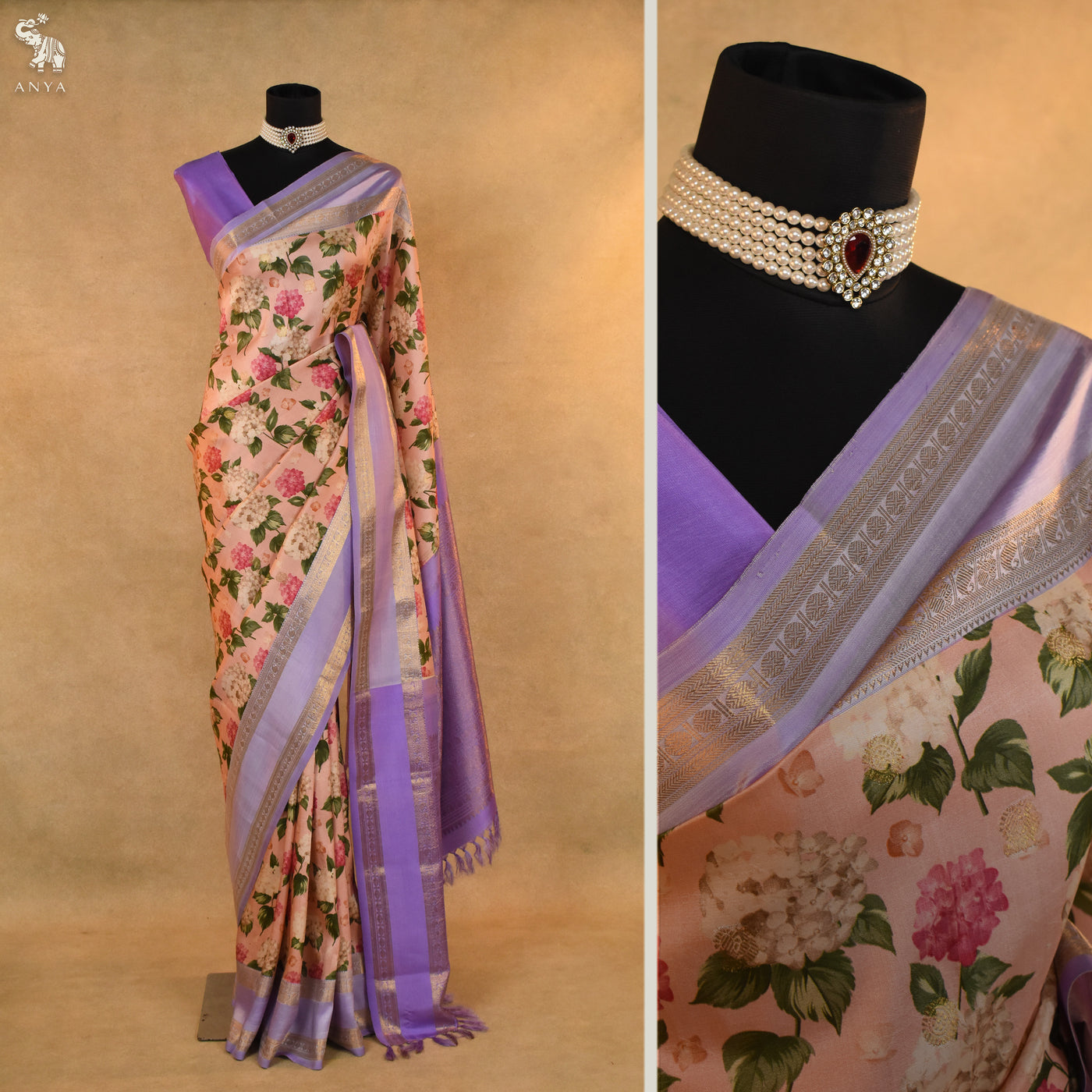 Pink Printed Kanchi Silk Saree with Floral Print Design