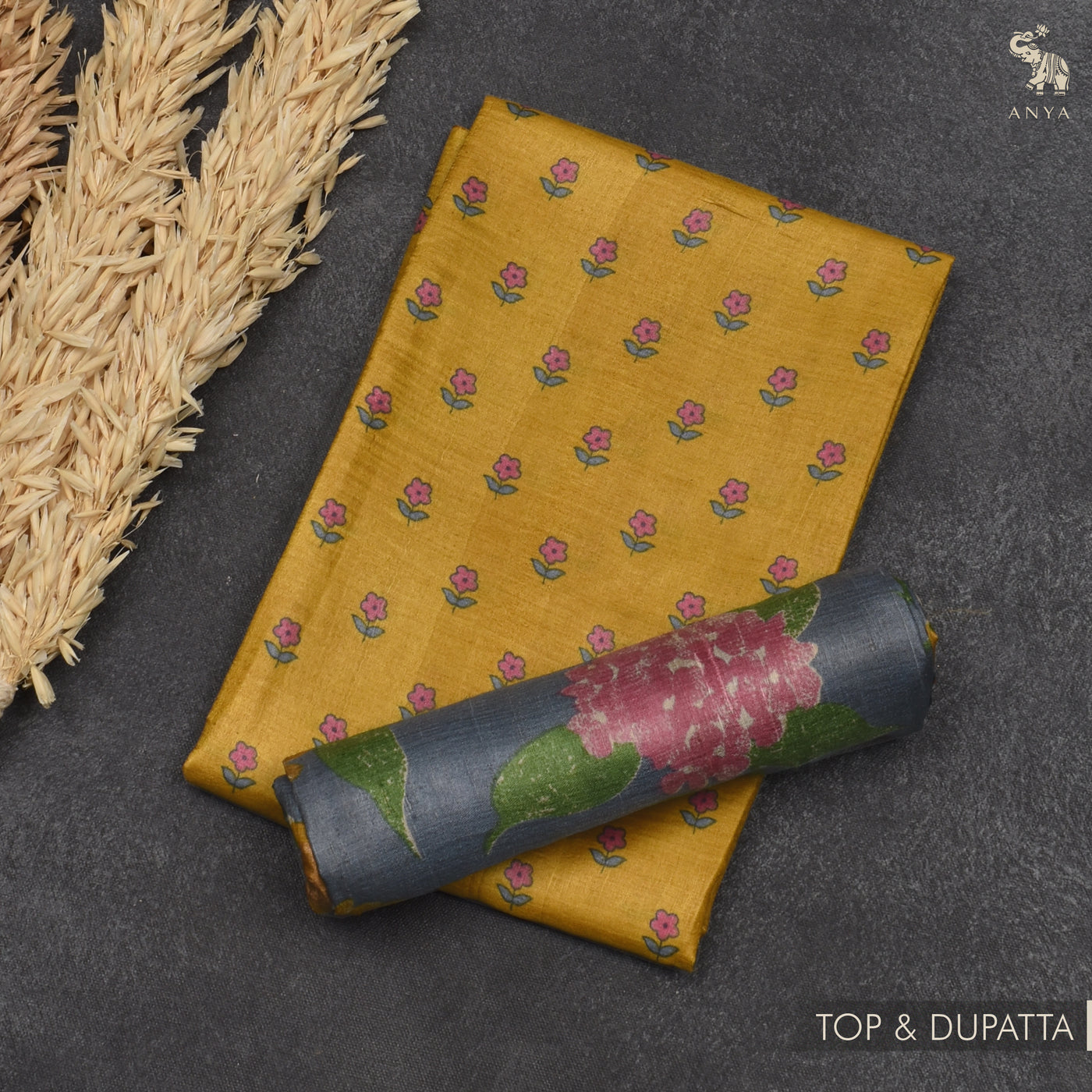 Mustard Tussar Silk Salwar with Grey Floral Print Dupatta