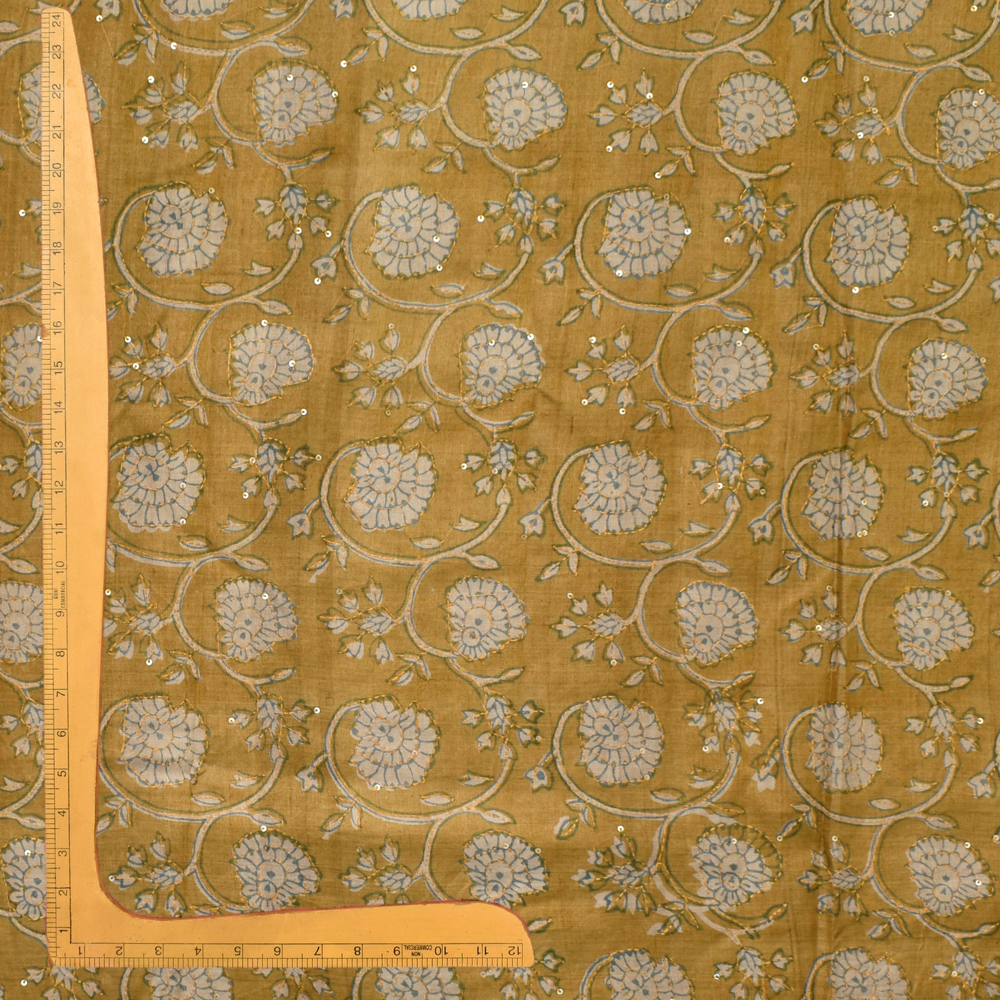 Mustard Tussar Silk Fabric with Kantha Work Design