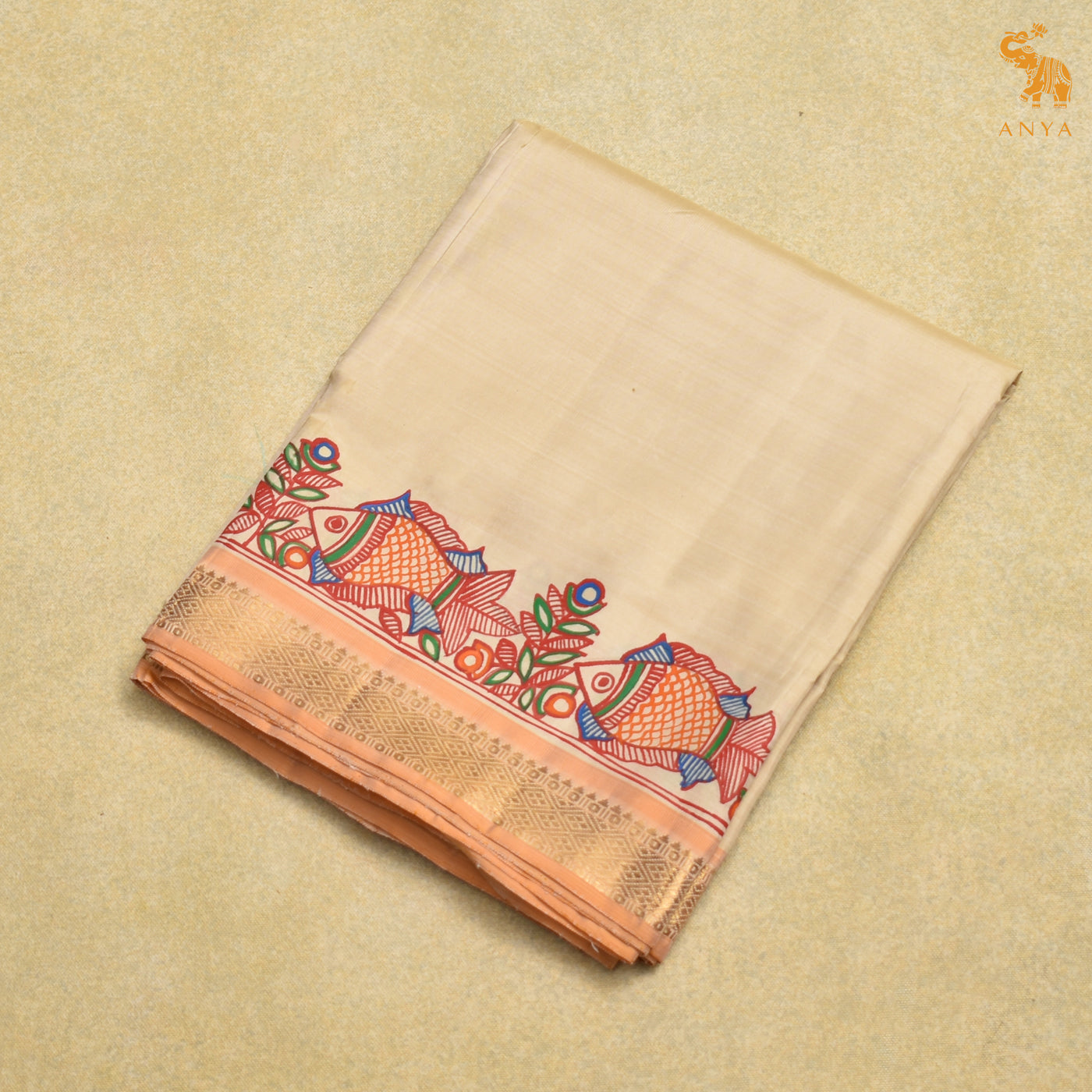 Off White Kanchi Silk Dhoti with Madhubani Hand Painted Design