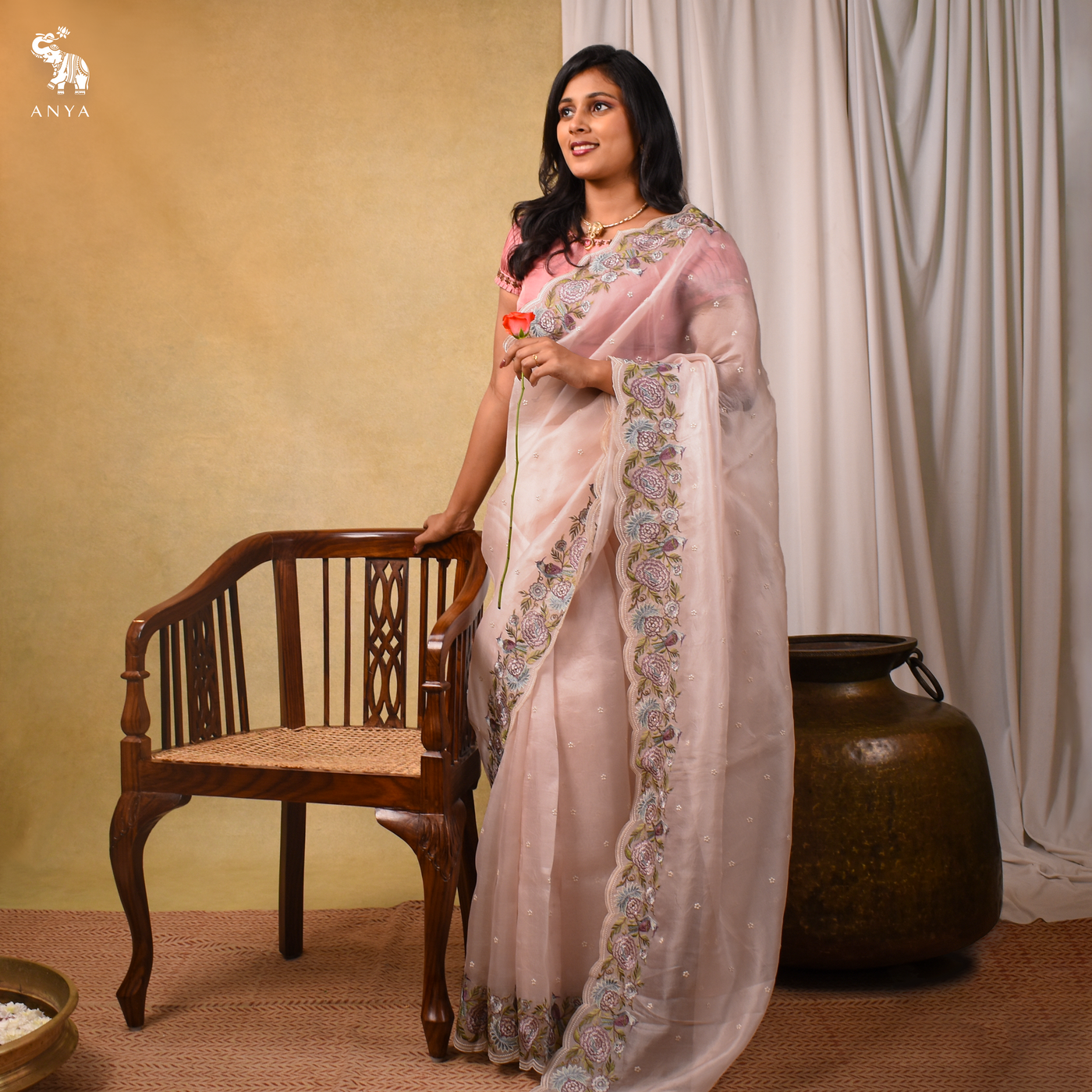 Baby Pink Organza Silk Saree with Small Thread Butta Design