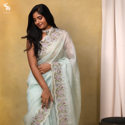 Baby Blue Organza Silk Saree with Small Thread Butta Design