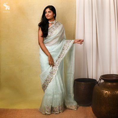 Baby Blue Organza Silk Saree with Small Thread Butta Design