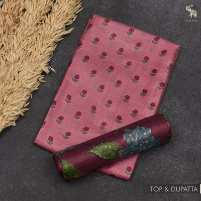 Pink Tussar Silk Salwar with Rani Arakku Floral Print Dupatta