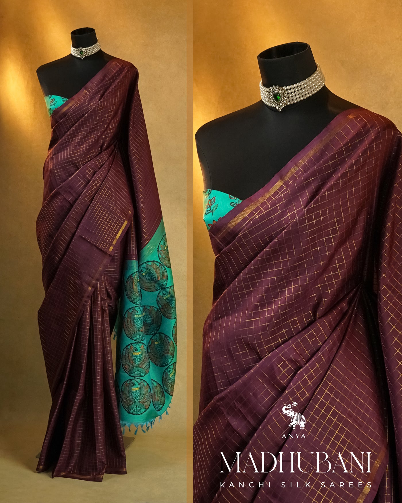 Maroon Zari Kattam Kanchi Silk Saree with Rexona Madhubani Pallu and Blouse