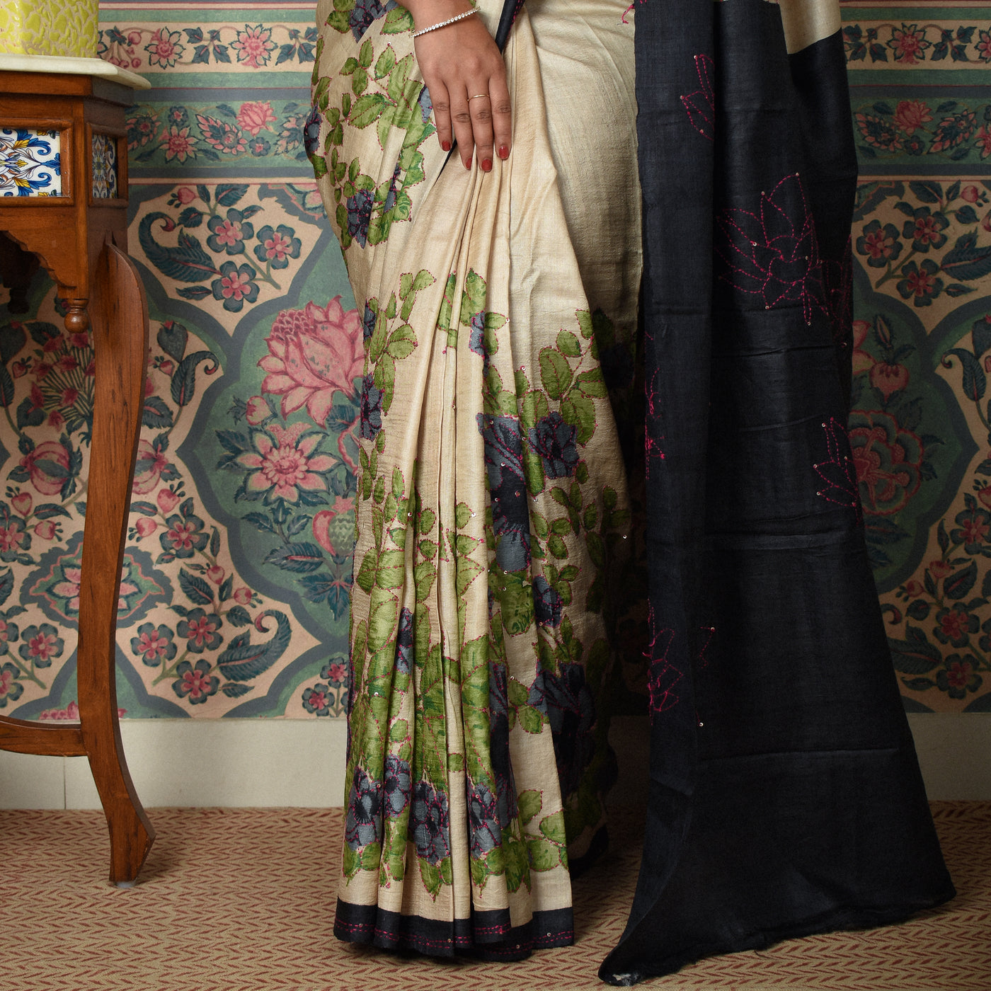 Off White Tussar Silk Saree with Floral Kantha Work Design