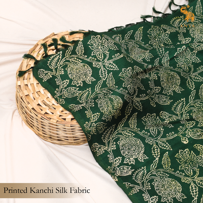 Bottle Green Kanchi Discharge Printed Silk Fabric with Floral Creeper Design