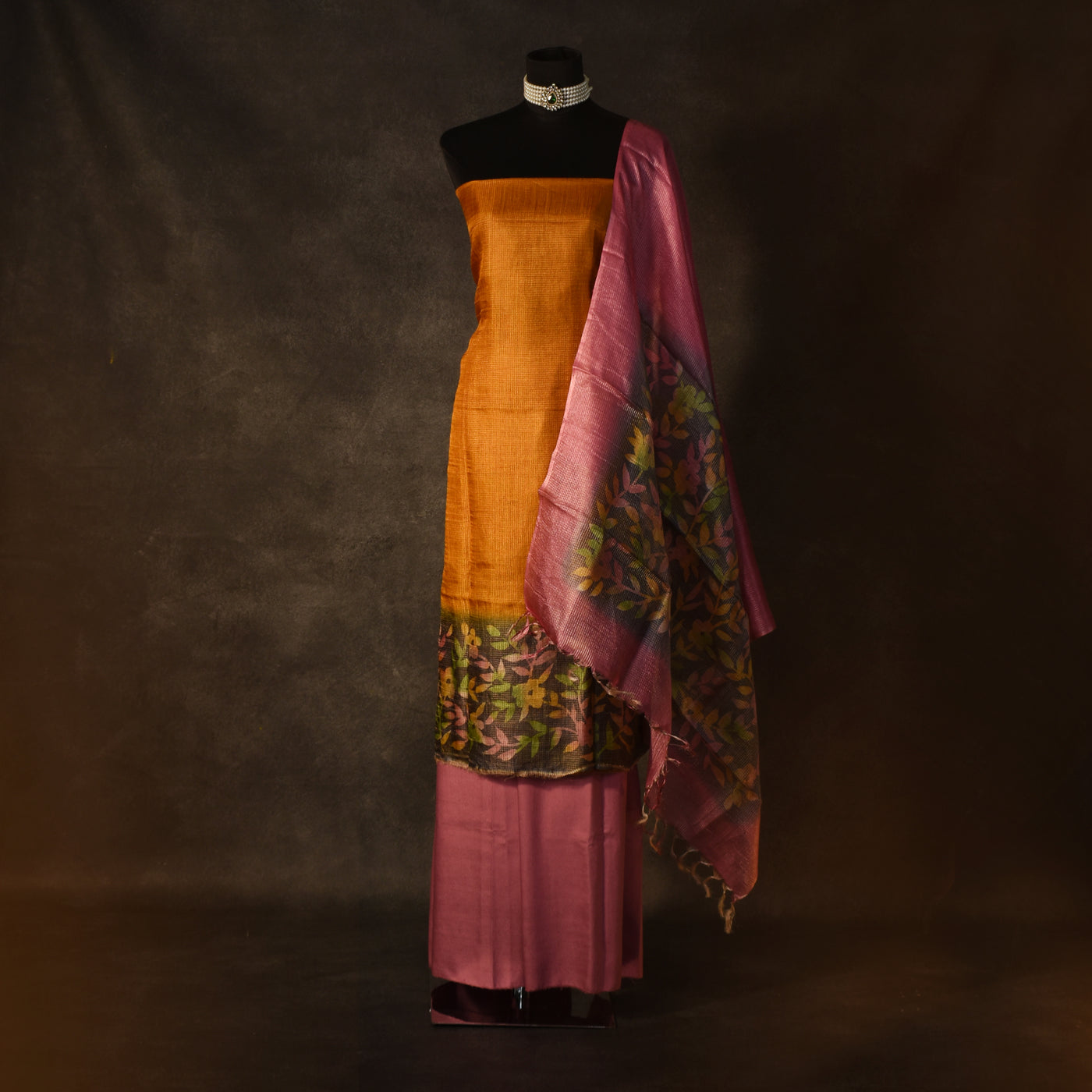 Oil Mustard Tussar Silk Salwar with Zari Checks and Floral Design