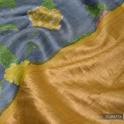 Mustard Tussar Silk Salwar with Grey Floral Print Dupatta