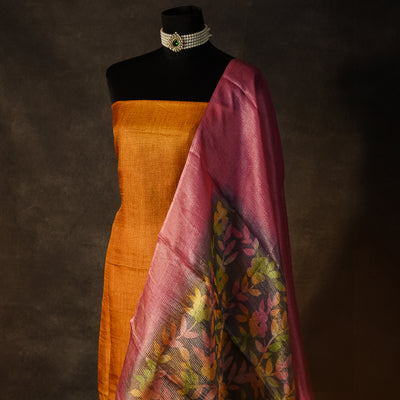 Oil Mustard Tussar Silk Salwar with Zari Checks and Floral Design