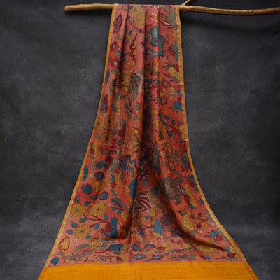 Rust Pen Kalamkari Kanchi Silk Dupatta with Mustard Seer Border Design