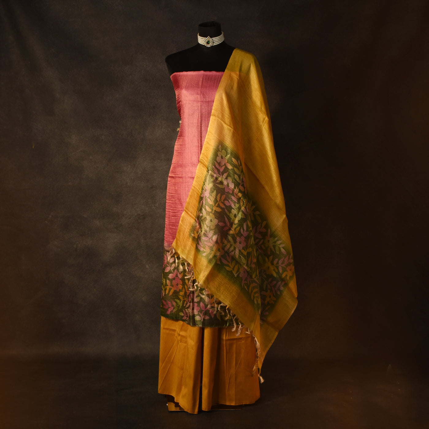 Pink Tussar Silk Salwar with Zari Checks and Floral Design