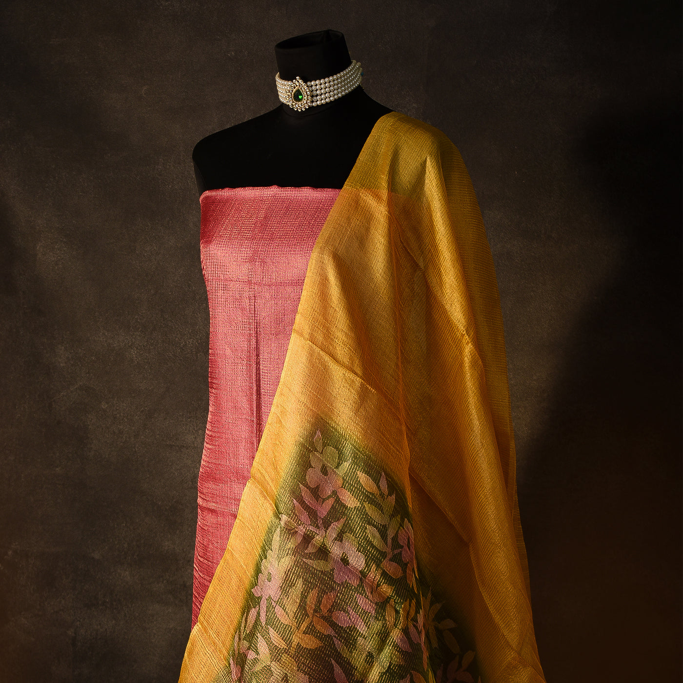 Pink Tussar Silk Salwar with Zari Checks and Floral Design