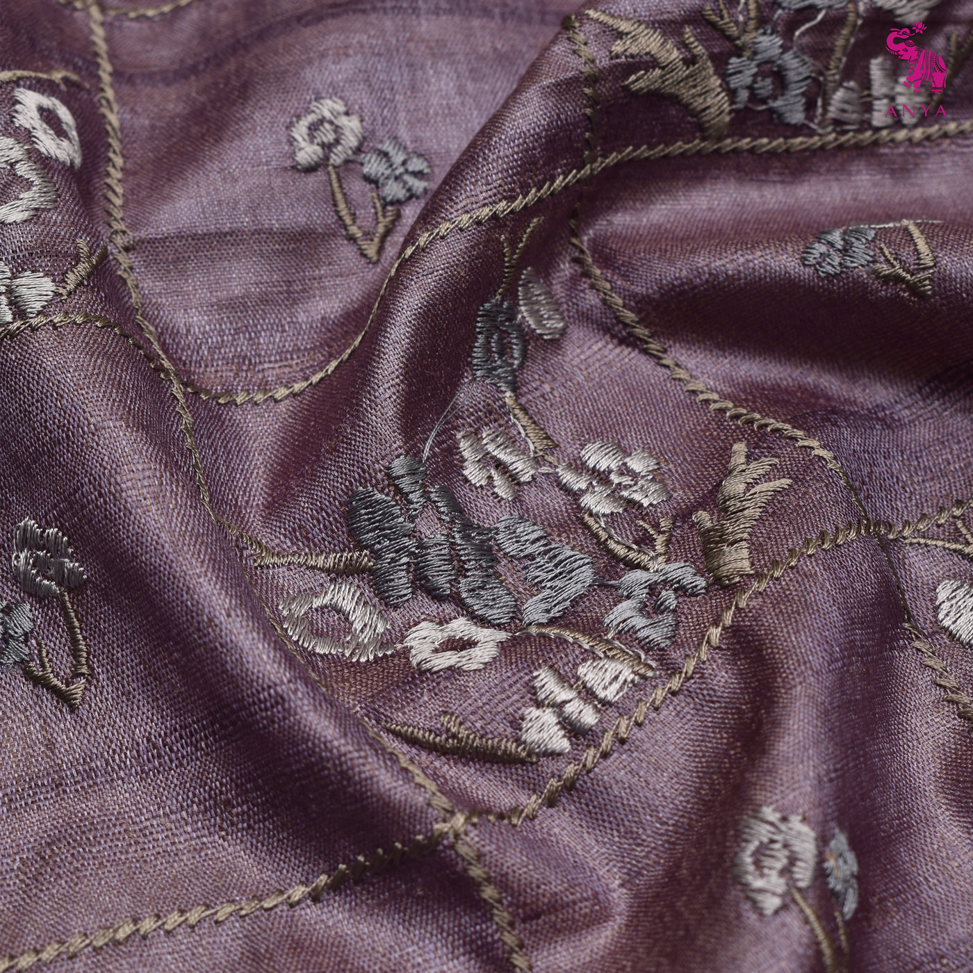 Grey Tussar Silk Saree with Floral Embroidery Design