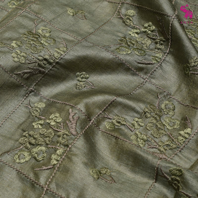 Olive Green Tussar Silk Saree with Floral Embroidery Design