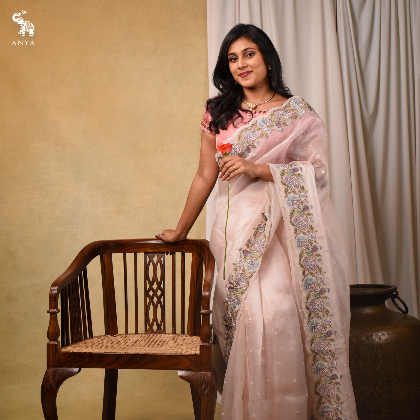 Baby Pink Organza Silk Saree with Small Thread Butta Design