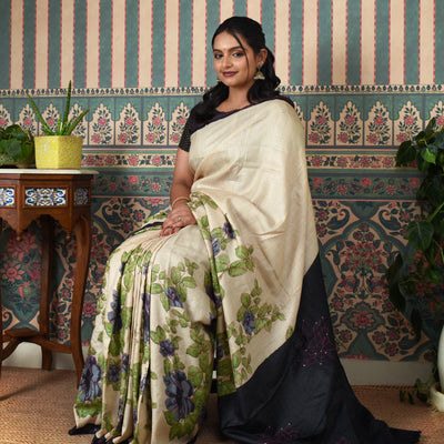 Off White Tussar Silk Saree with Floral Kantha Work Design