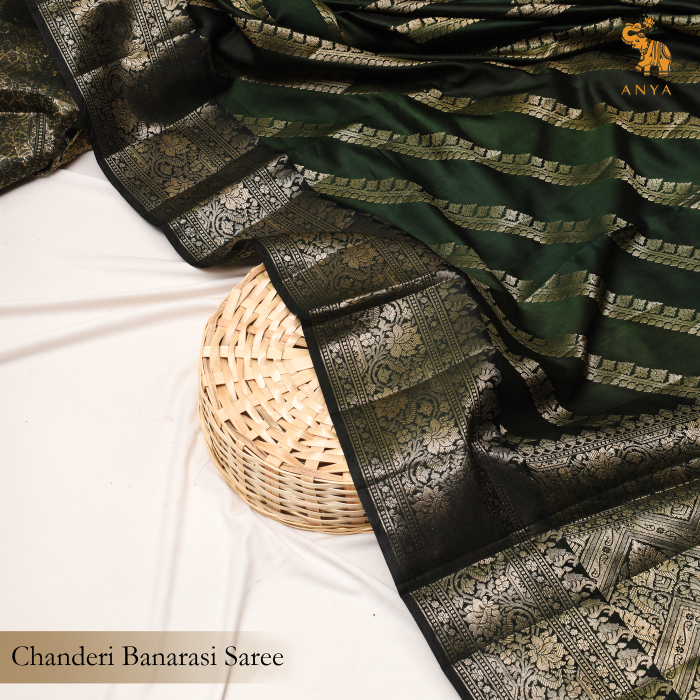 Green Chanderi Banarasi Silk Saree with Cross Zari Stripes Design