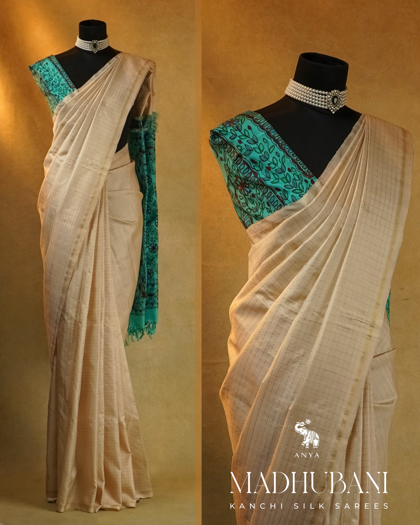 Off White Zari Kattam Kanchi Silk Saree with Rexona Madhubani Pallu and Blouse