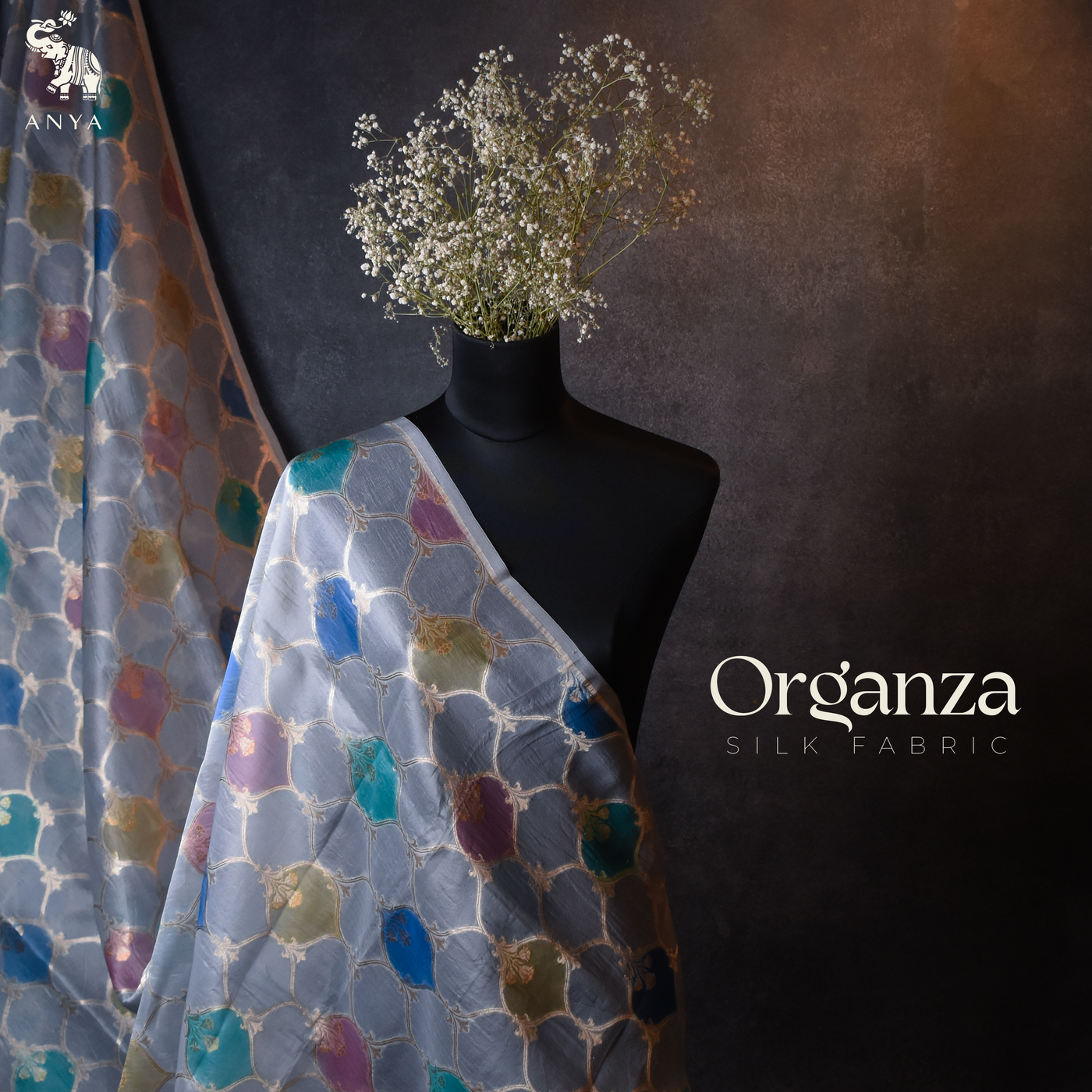 Grey Organza Fabric with Diamond Zari Design