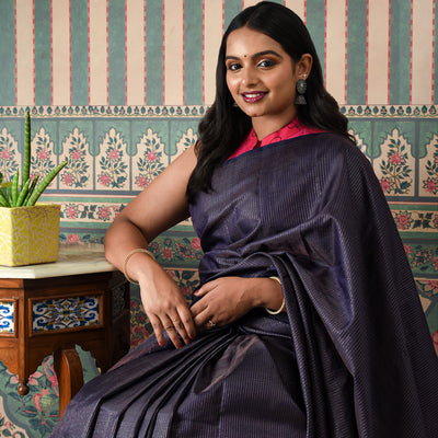 Navy Blue Zari Checks Kanchi Silk Saree with Pink Pen Kalamkari Kanchi Silk Blouse