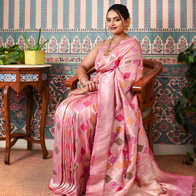 Lotus Pink and Multicolor Banarasi Silk Saree with Diamond Zari Design