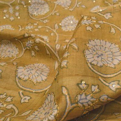 Mustard Tussar Silk Fabric with Kantha Work Design