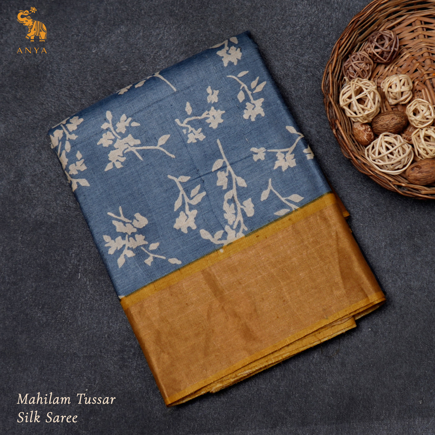 Grey Tussar Silk Saree with Floral Printed Design