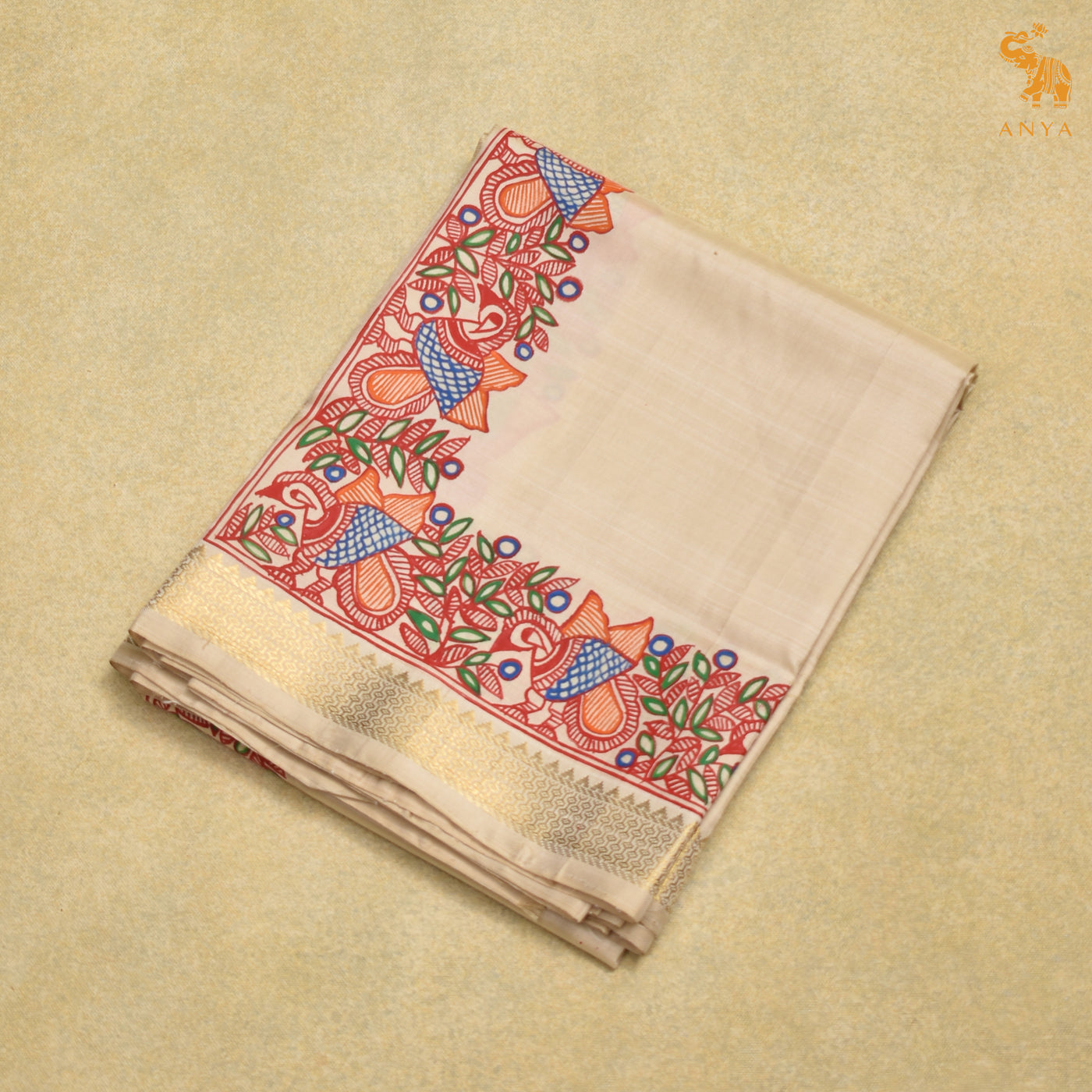 Off White Kanchi Silk Dhoti with Madhubani Hand Painted Design