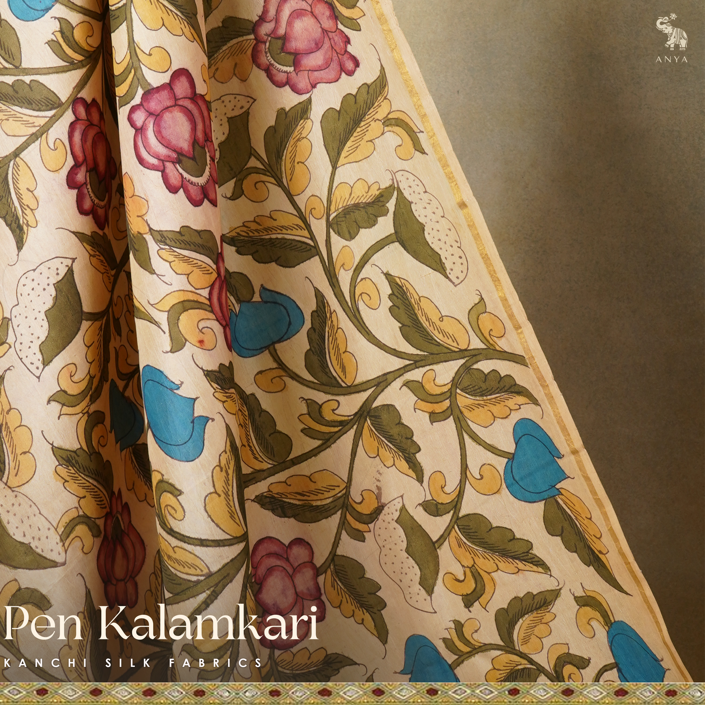 Off White Pen Kalamkari Kanchi Silk Fabric