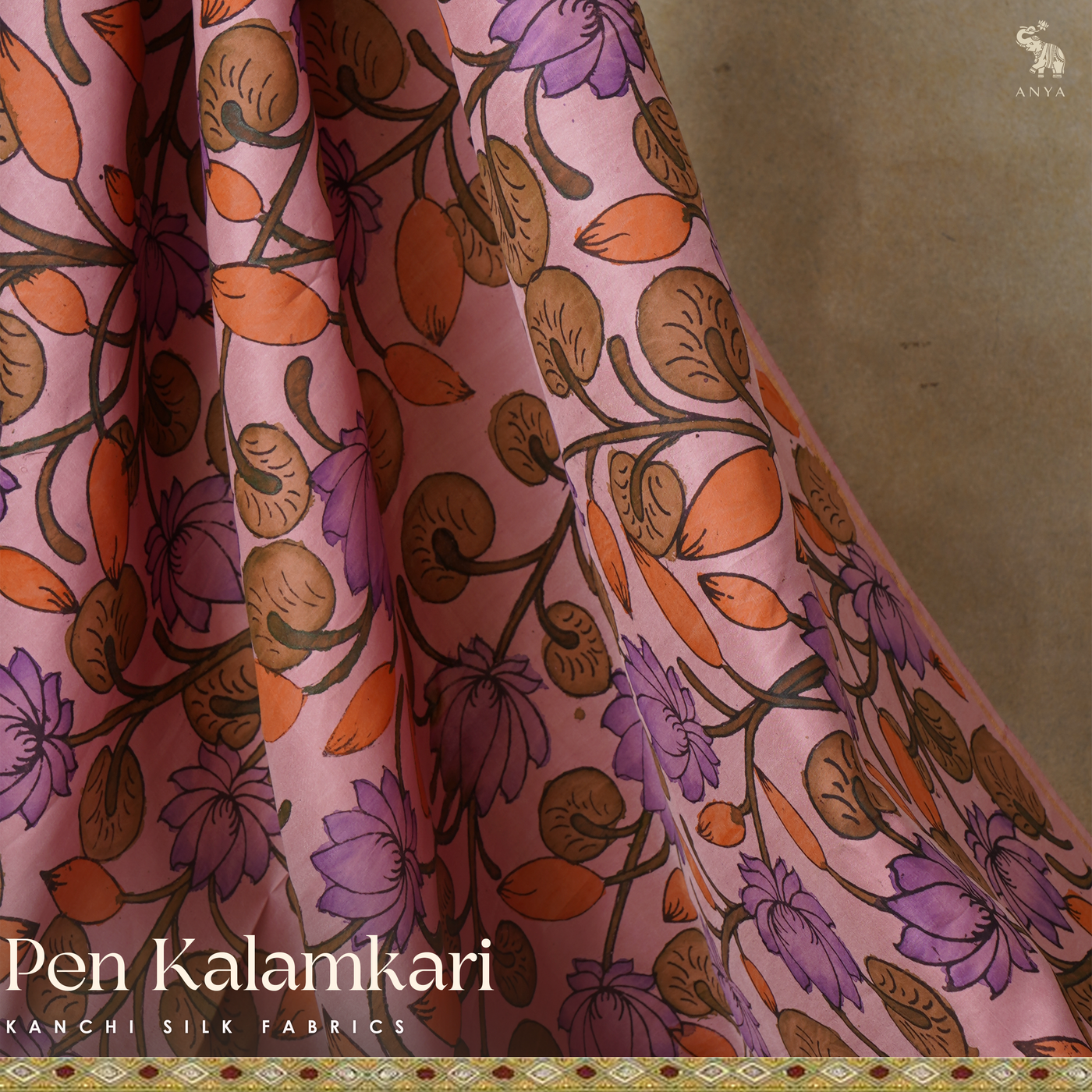 Onion Pink Pen Kalamkari Kanchi Silk Fabric