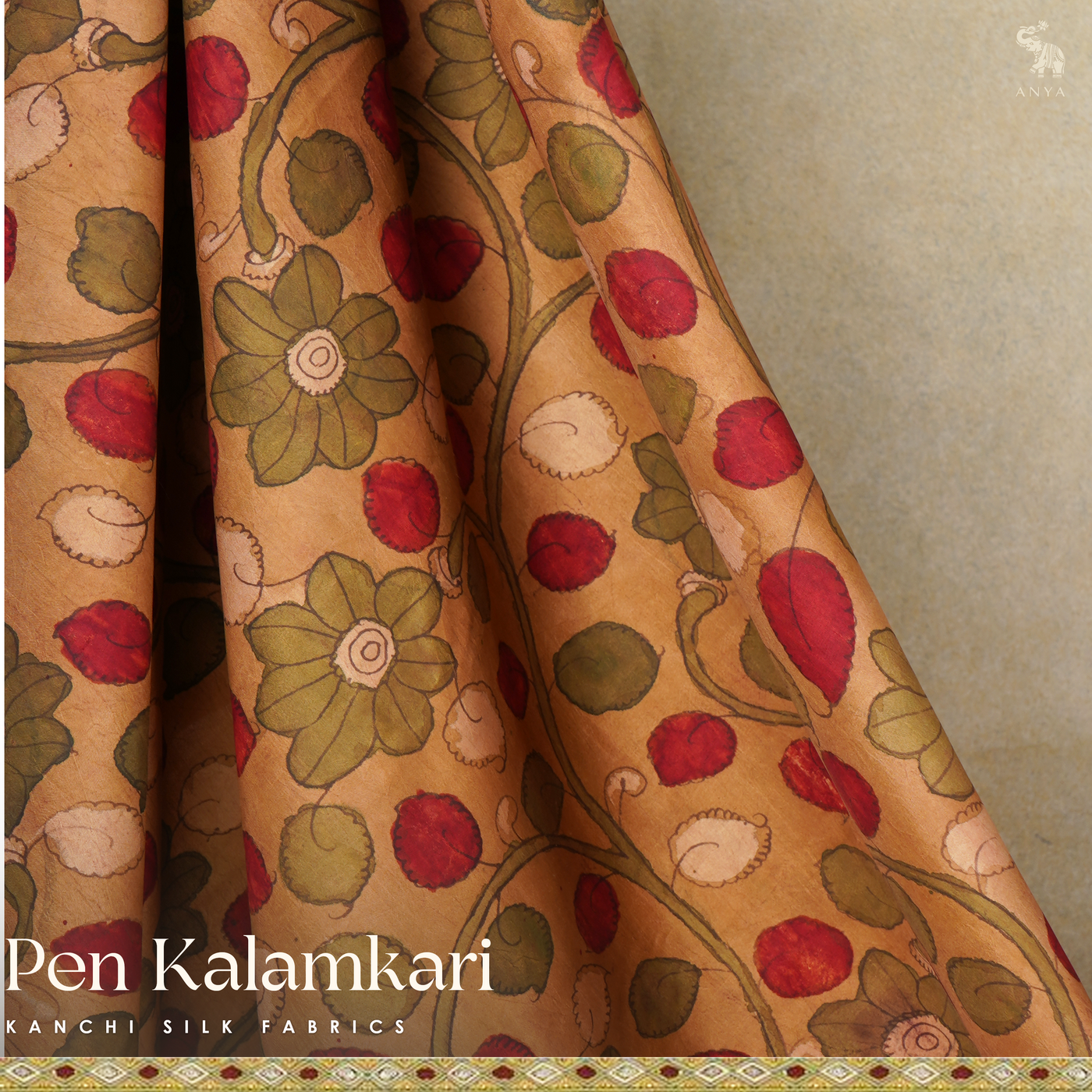 Beige Pen Kalamkari Kanchi Silk Fabric