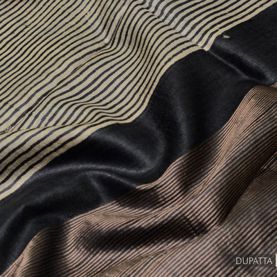 Black Tussar Silk Salwar with Black and Off White Stripes Dupatta