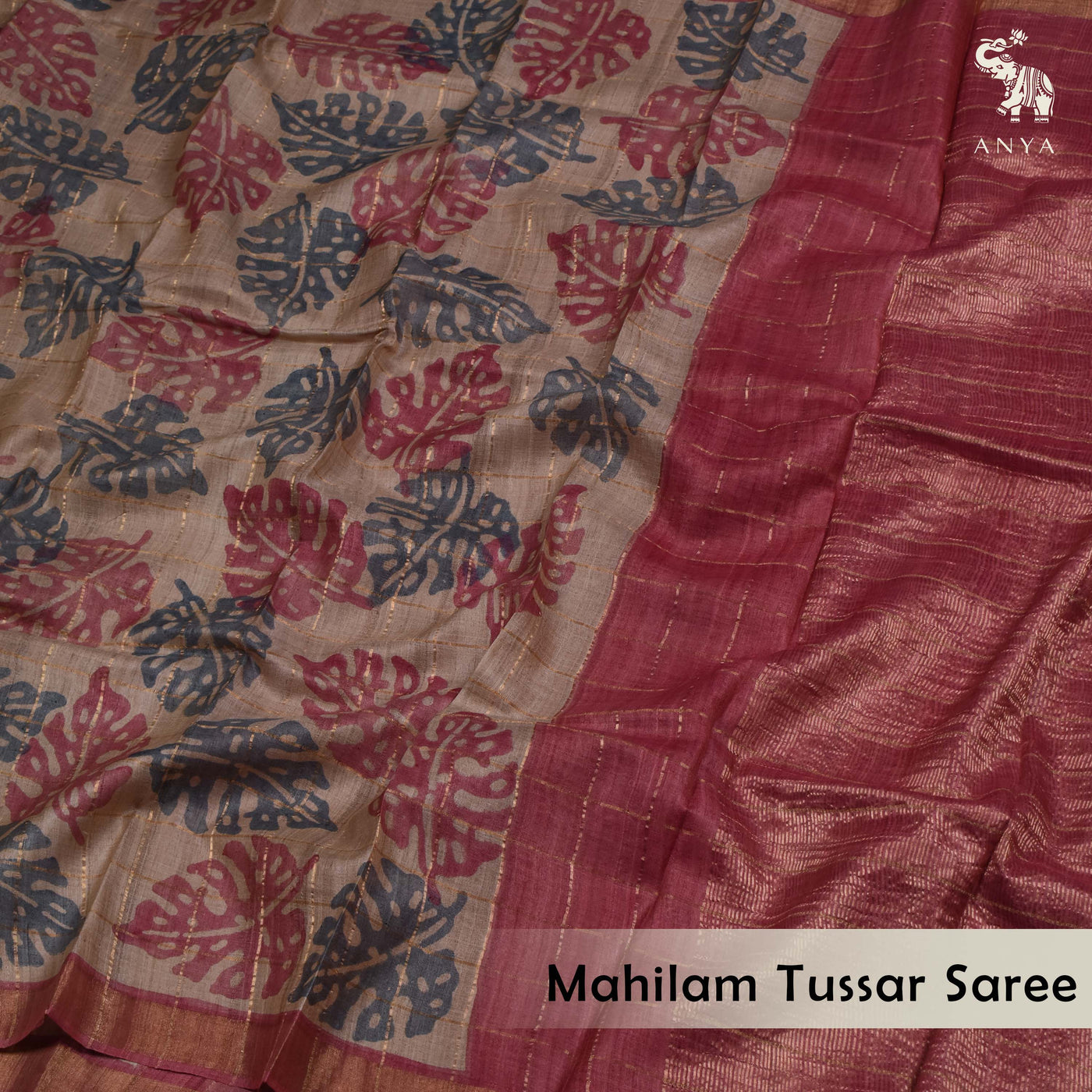 Off White Tussar Silk Saree with Big Checks and Leaf Printed Design