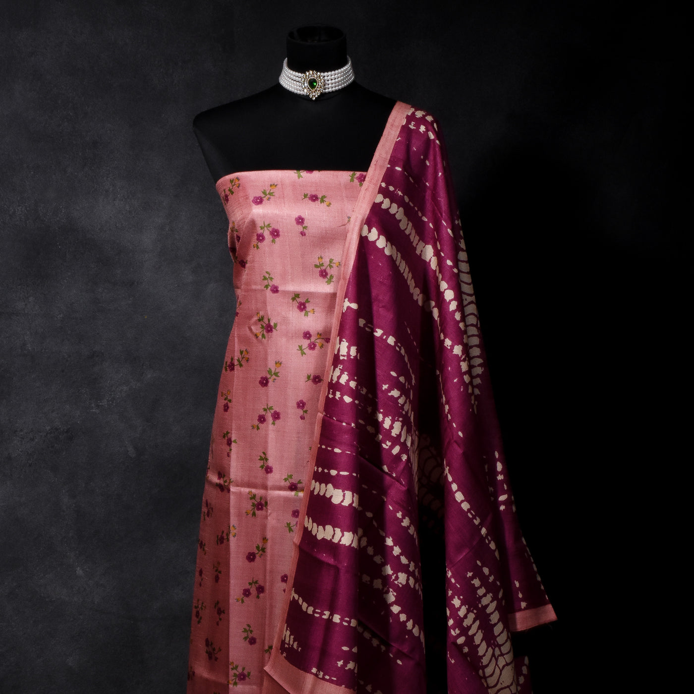 Pink Tussar Silk Salwar with Black Magenta Shibori Print Dupatta