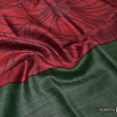 Bottle Green Tussar Silk Salwar with Red Floral Print Dupatta