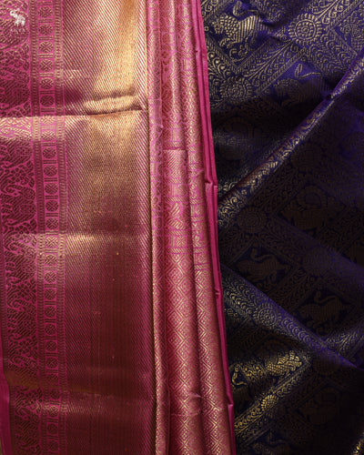 Navy Blue Kanchipuram Silk Saree with Square Zari Butta Design