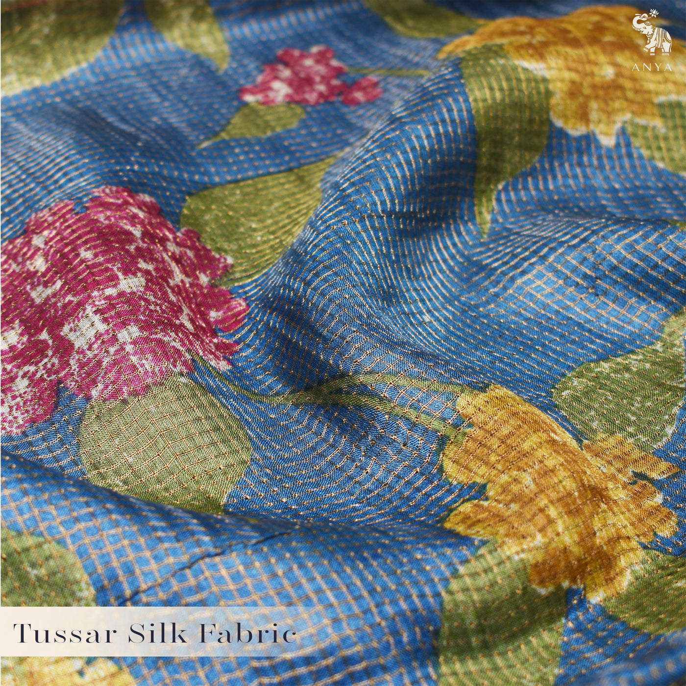 Blue Tussar Silk Fabric with Floral Print and Zari Checks Design