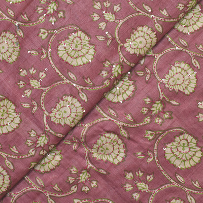 Onion Pink Tussar Silk Fabric with Kantha Work Design
