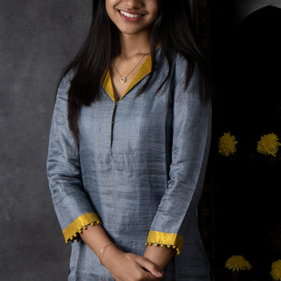 Ash Blue Tussar Kurti