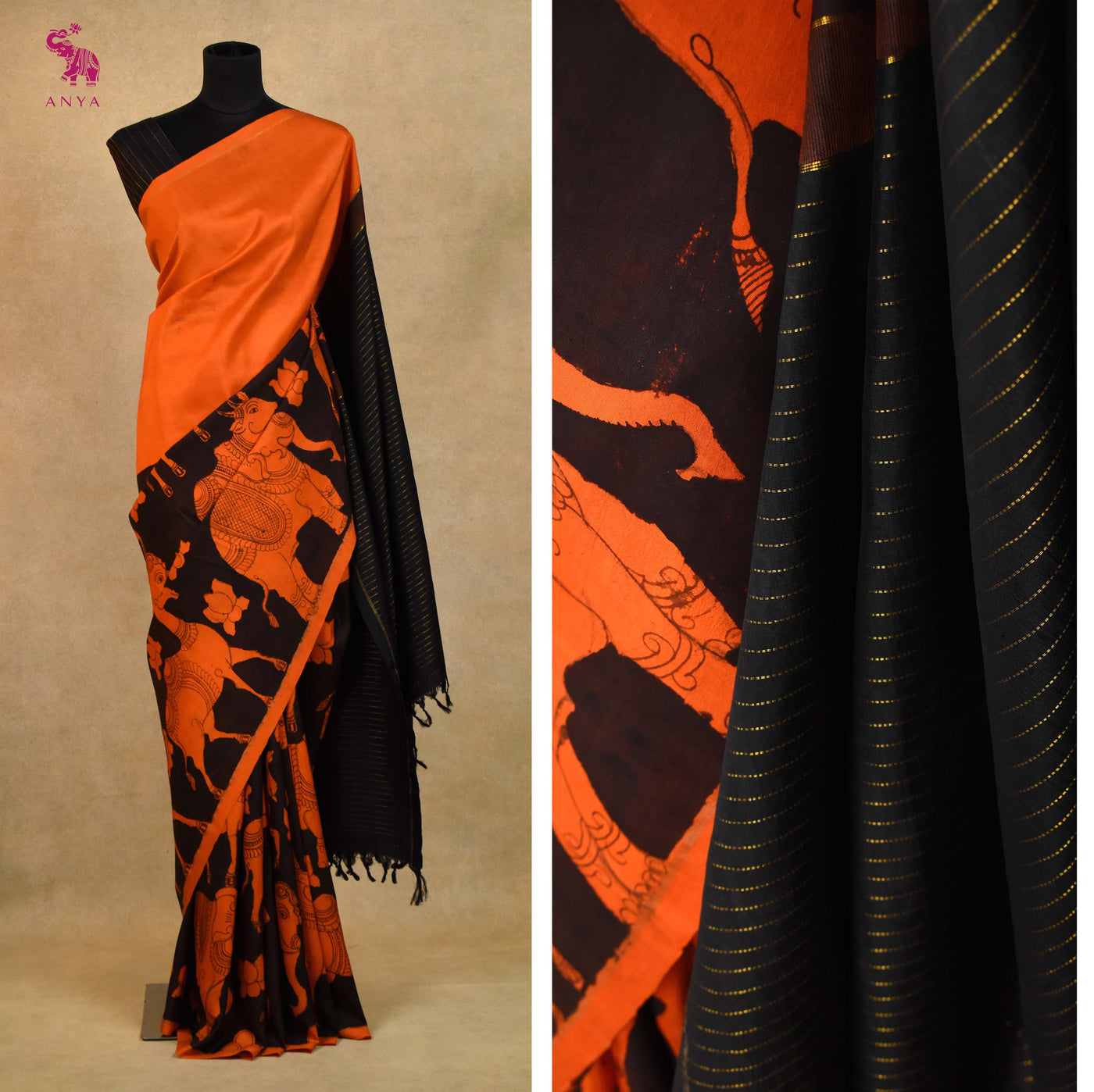 Orange Pen Kalamkari Kanchi Silk Saree