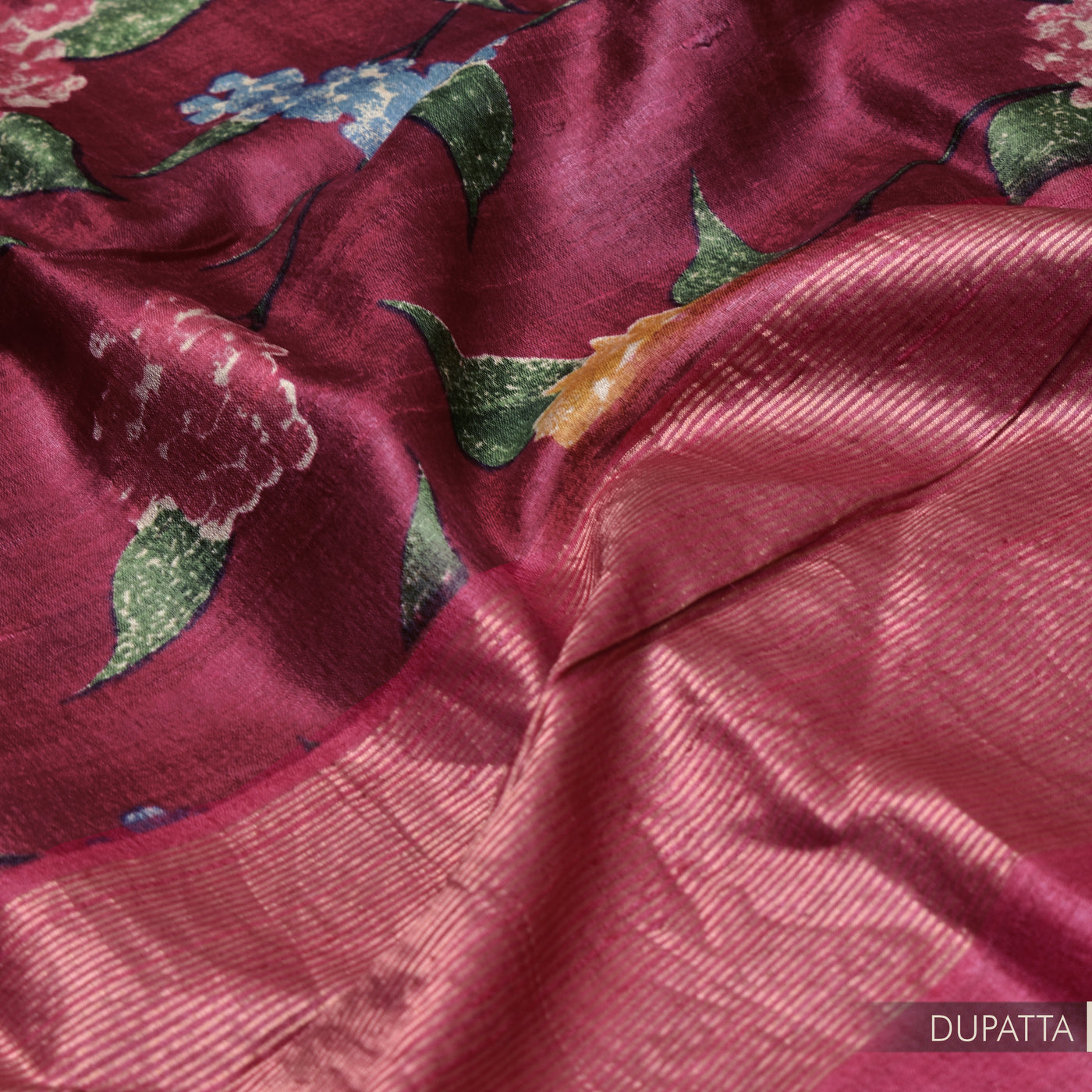 Pink Tussar Silk Salwar with Rani Arakku Floral Print Dupatta