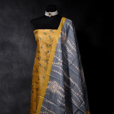 Mustard Tussar Silk Salwar with Grey Shibori Print Dupatta