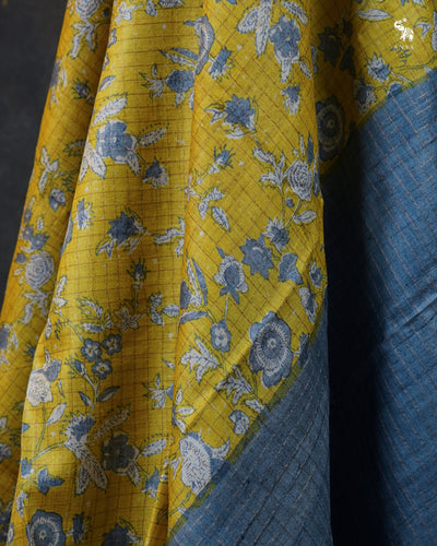 Lemon Yellow Tussar Silk Saree with Floral Print Zari Checks Design