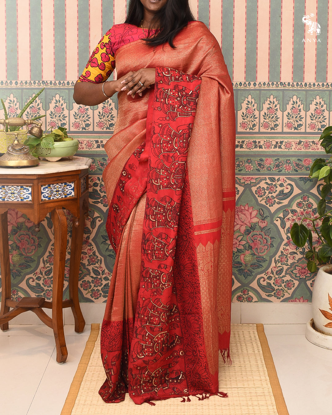 Red Diamond Zari Kanchi Silk Saree with Kalamkari Embroidery Design