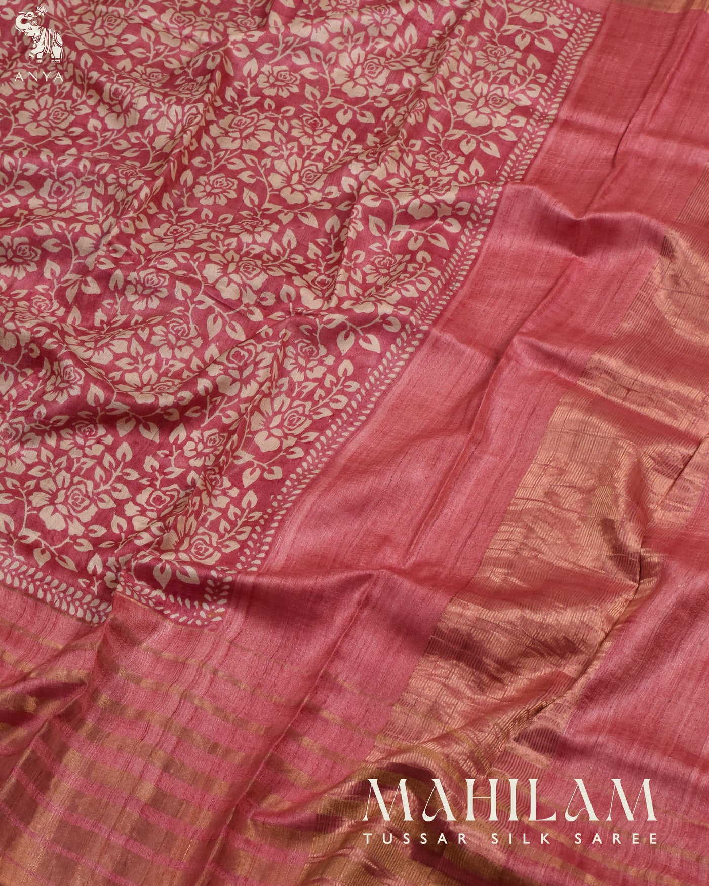 Onion Pink Tussar Silk Saree with Floral Printed Design