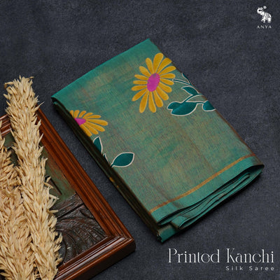 Pastel Green Printed Kanchi Silk Saree with Flower Print Design