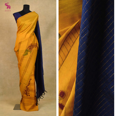 Mustard Pen Kalamkari Kanchi Silk Saree