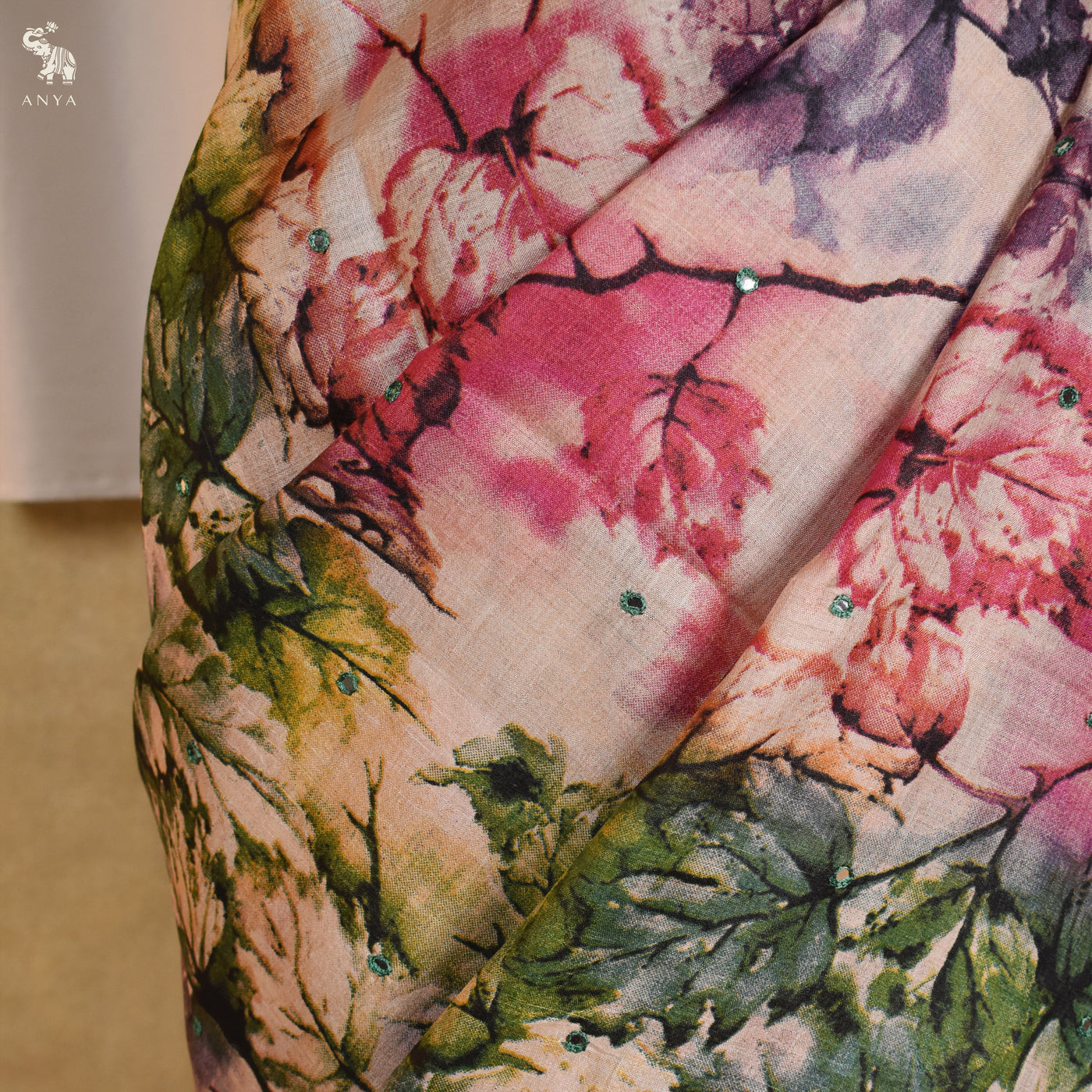 Multicolor Tussar Silk Saree with Leaf Print and Mirror Work Design