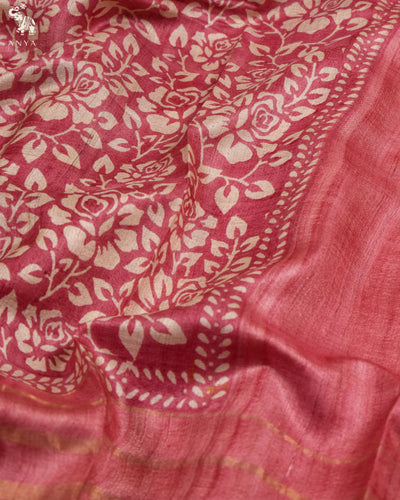 Onion Pink Tussar Silk Saree with Floral Printed Design